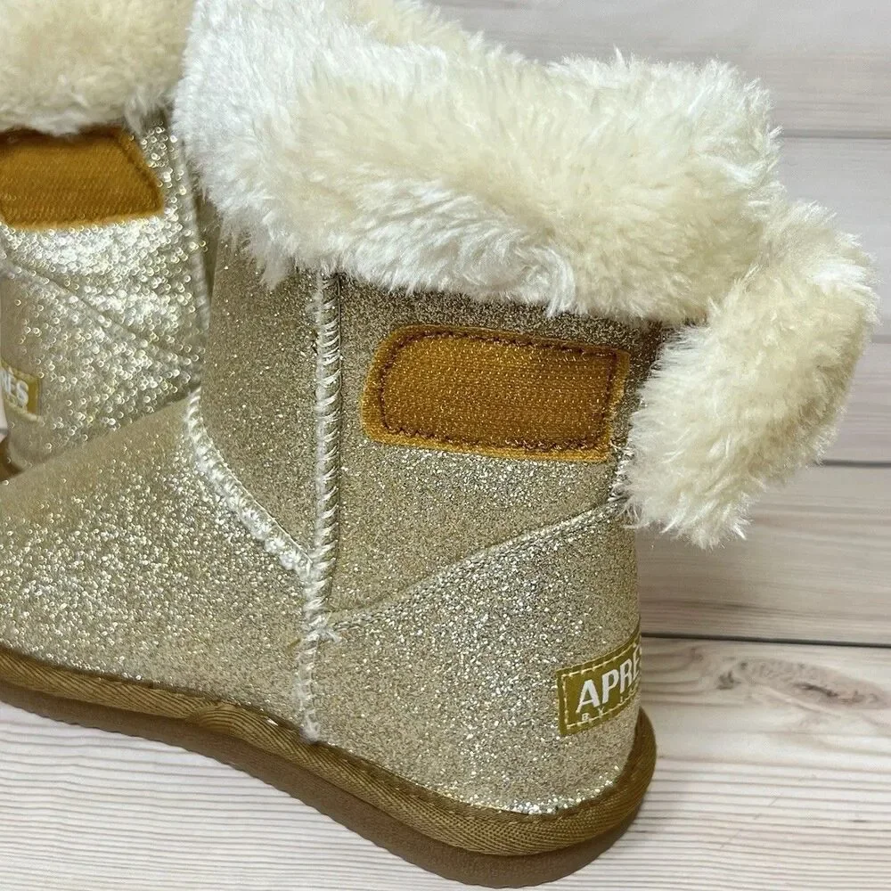 Lamo APRES Girls Size 2 Y Gold Glitter Boots Faux Fur Cozy Sparkly Slip On Youth